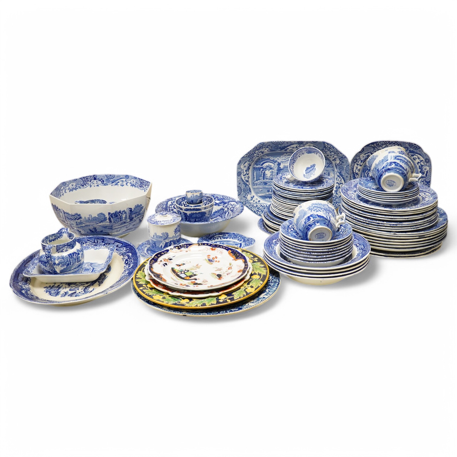 A quantity of blue and white china, mostly Spode Italian, together with a Davenport plate, a Mason's ironstone plate and a late Victorian majolica dish (a.f.). Condition - varies